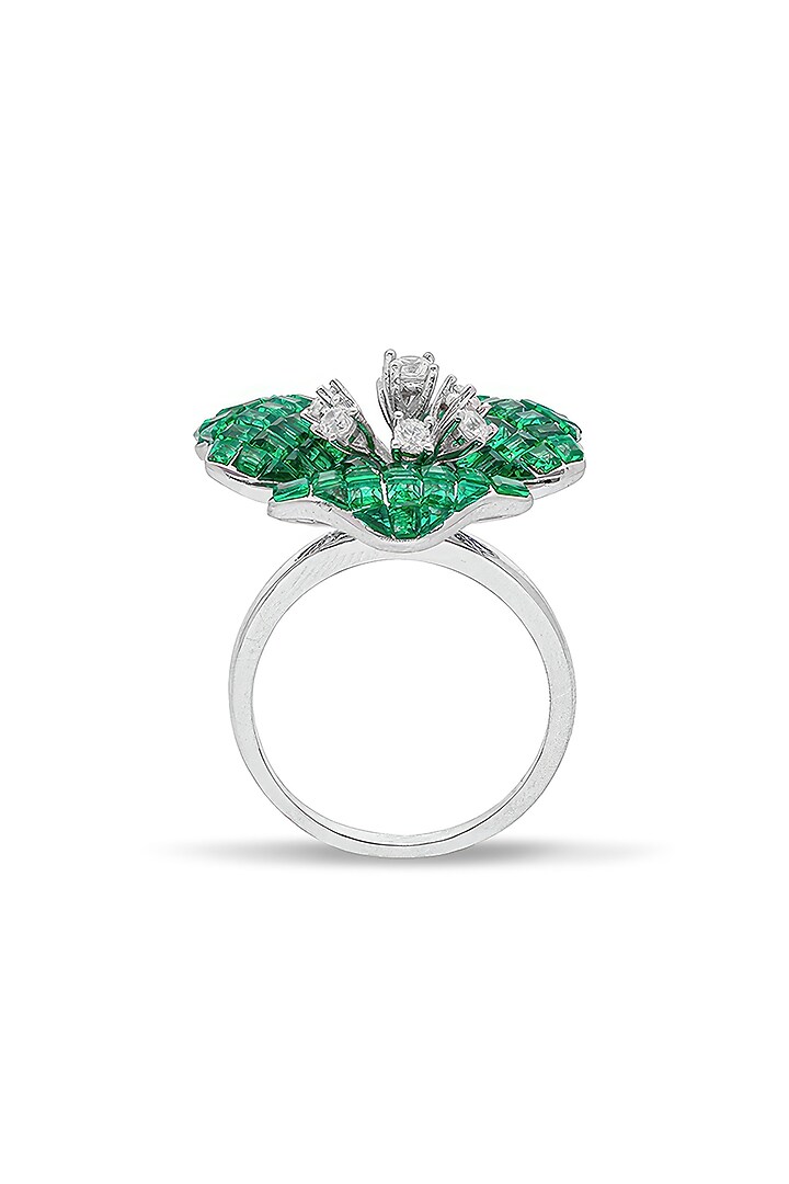 White Rhodium Finish Pearl & Emerald Spinel Stone Floral Ring In Sterling Silver by MISS JO at Pernia's Pop Up Shop