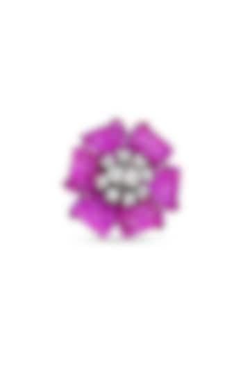 White Rhodium Finish Pearl & Ruby Spinel Stone Floral Ring In Sterling Silver by MISS JO at Pernia's Pop Up Shop