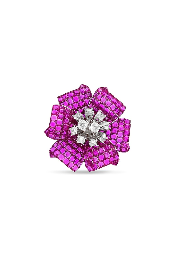 White Rhodium Finish Pearl & Ruby Spinel Stone Floral Ring In Sterling Silver by MISS JO at Pernia's Pop Up Shop