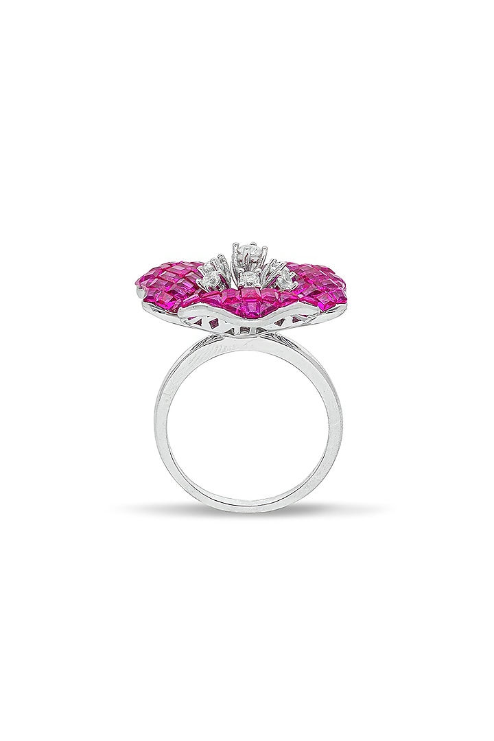 White Rhodium Finish Pearl & Ruby Spinel Stone Floral Ring In Sterling Silver by MISS JO at Pernia's Pop Up Shop