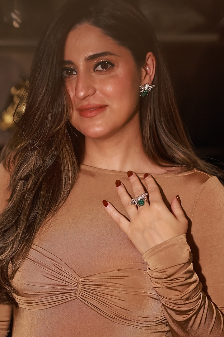 White Rhodium Finish Zircon & Emerald Stone Ring In Sterling Silver by MISS JO at Pernia's Pop Up Shop