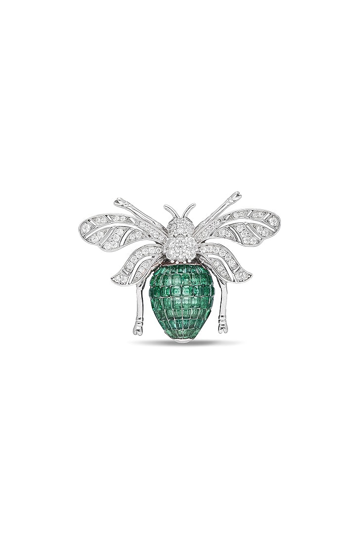 White Rhodium Finish Zircon & Emerald Spinel Stone Honey Bee Ring In Sterling Silver by MISS JO at Pernia's Pop Up Shop