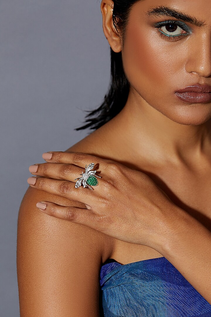 White Rhodium Finish Zircon & Emerald Spinel Stone Honey Bee Ring In Sterling Silver by MISS JO at Pernia's Pop Up Shop