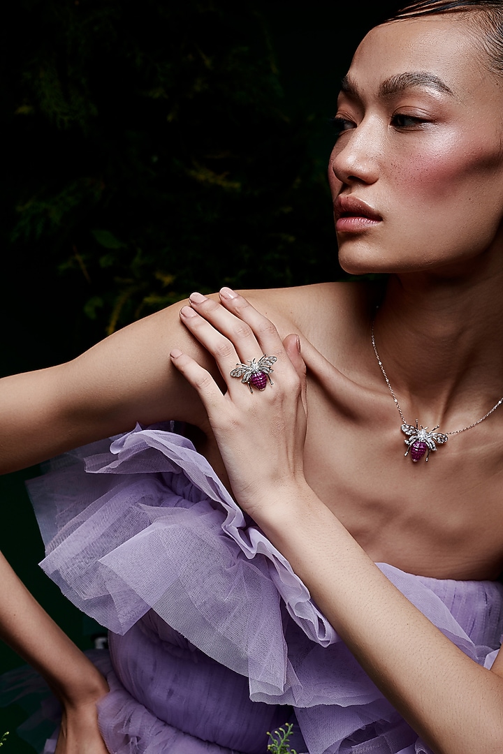 White Rhodium Finish Zircon & Ruby Spinel Stone Honey Bee Ring In Sterling Silver by MISS JO at Pernia's Pop Up Shop