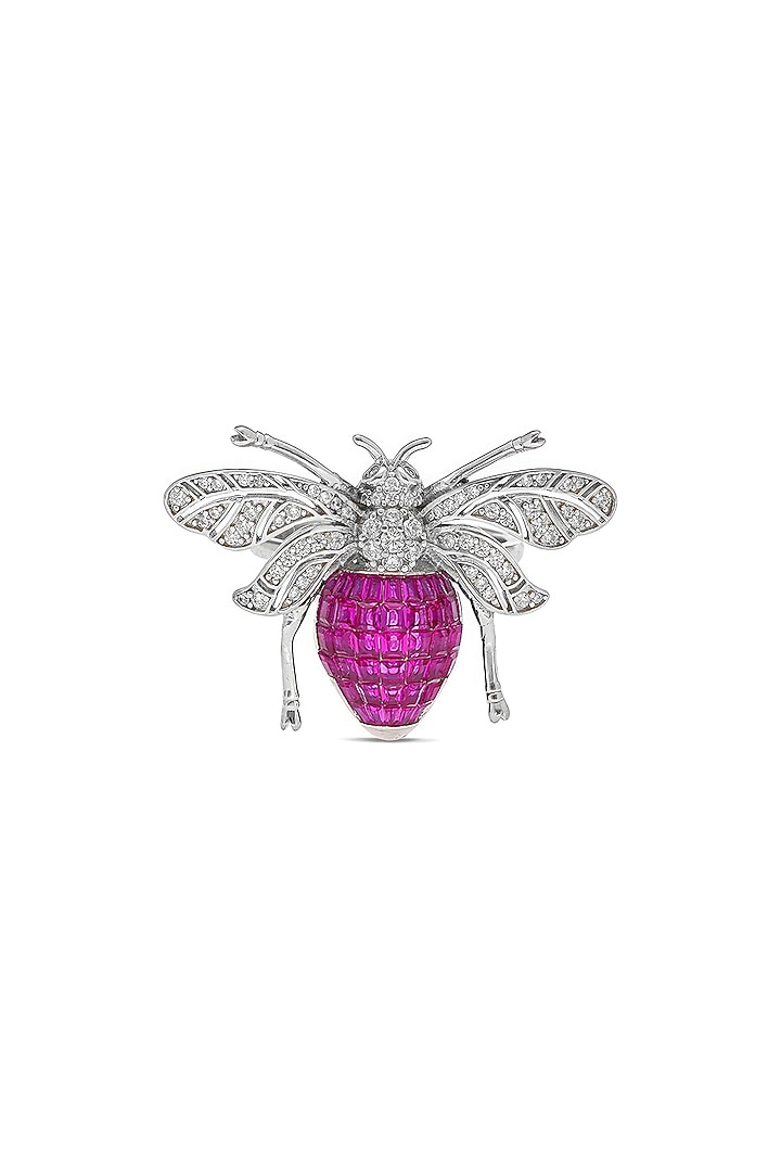 White Rhodium Finish Zircon & Ruby Spinel Stone Honey Bee Ring In Sterling Silver by MISS JO at Pernia's Pop Up Shop