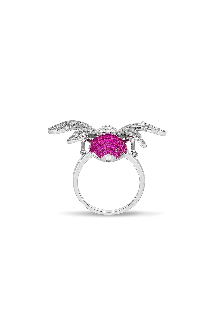 White Rhodium Finish Zircon & Ruby Spinel Stone Honey Bee Ring In Sterling Silver by MISS JO at Pernia's Pop Up Shop