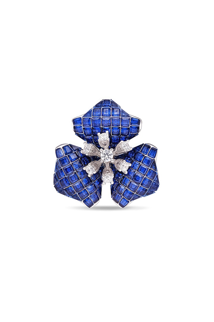White Rhodium Finish Zircon & Sapphire Spinel Stone Blossom Ring In Sterling Silver by MISS JO at Pernia's Pop Up Shop