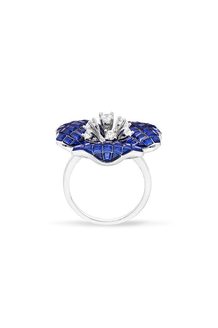 White Rhodium Finish Zircon & Sapphire Spinel Stone Blossom Ring In Sterling Silver by MISS JO at Pernia's Pop Up Shop