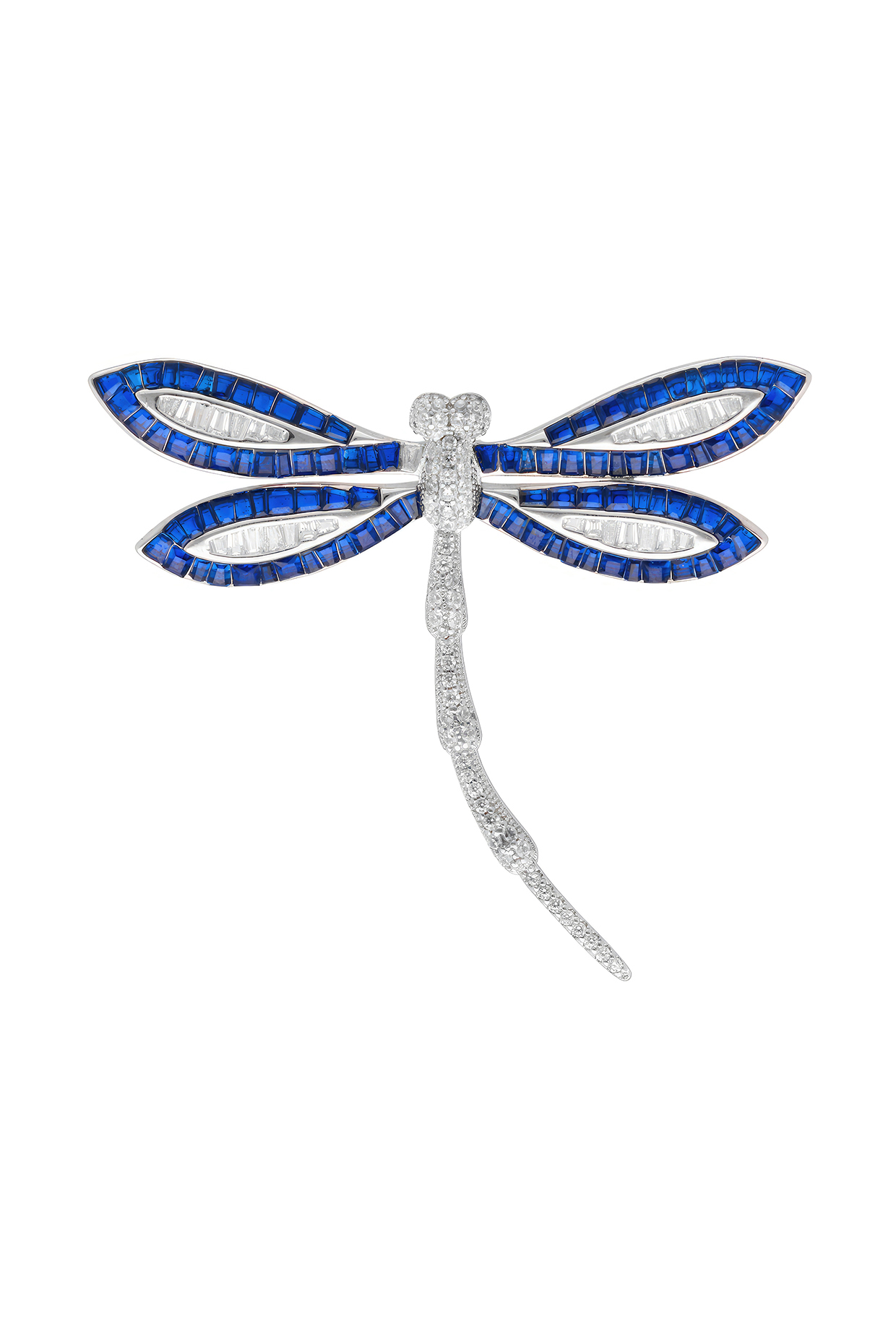 White Rhodium Finish Sapphire Blue Spinel Stone Dragonfly Brooch In Sterling silver by MISS JO at Pernia's Pop Up Shop