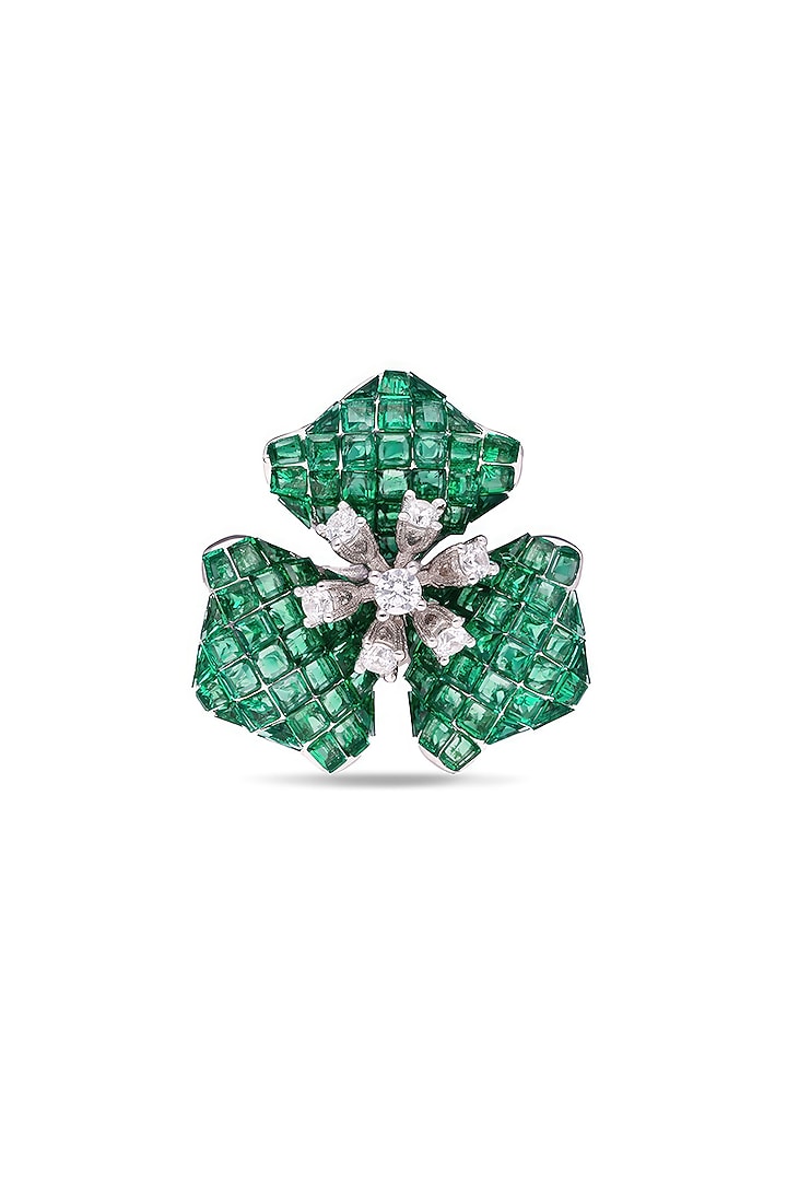 White Rhodium Finish Zircon & Emerald Green Spinel Stone Blossom Ring In Sterling Silver by MISS JO at Pernia's Pop Up Shop