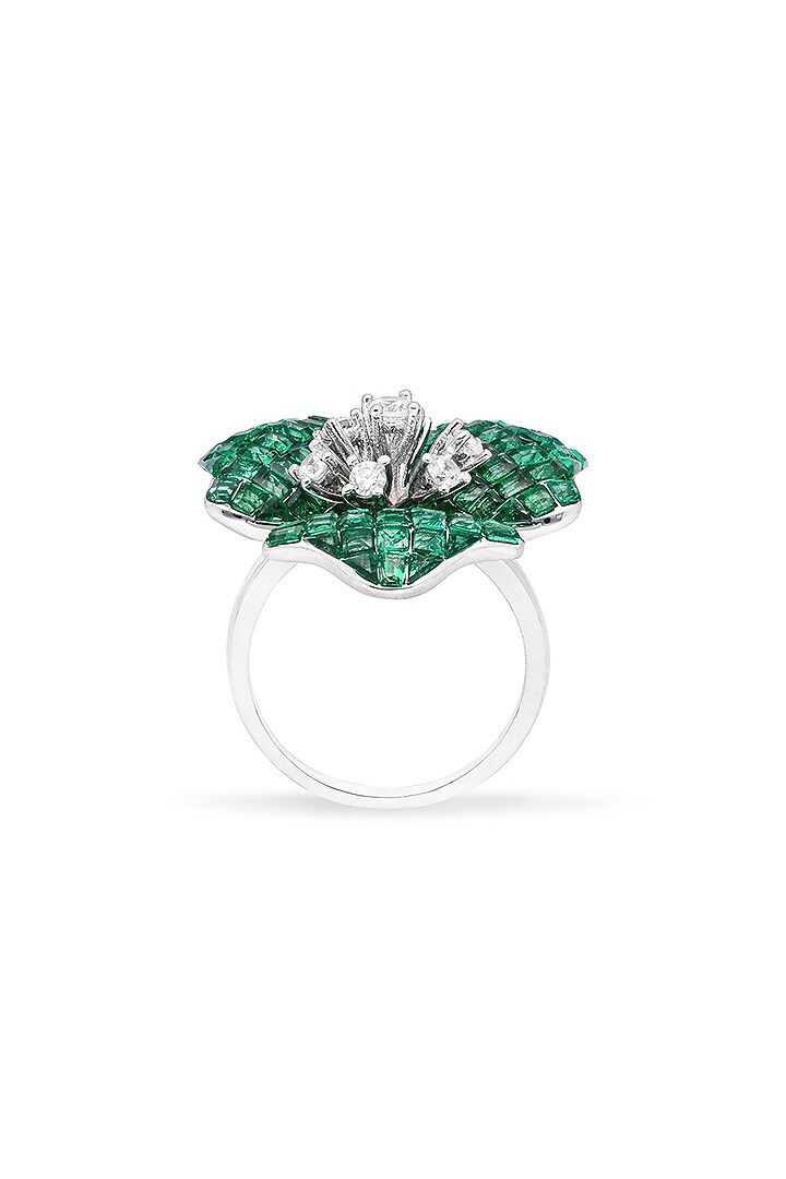 White Rhodium Finish Zircon & Emerald Green Spinel Stone Blossom Ring In Sterling Silver by MISS JO at Pernia's Pop Up Shop