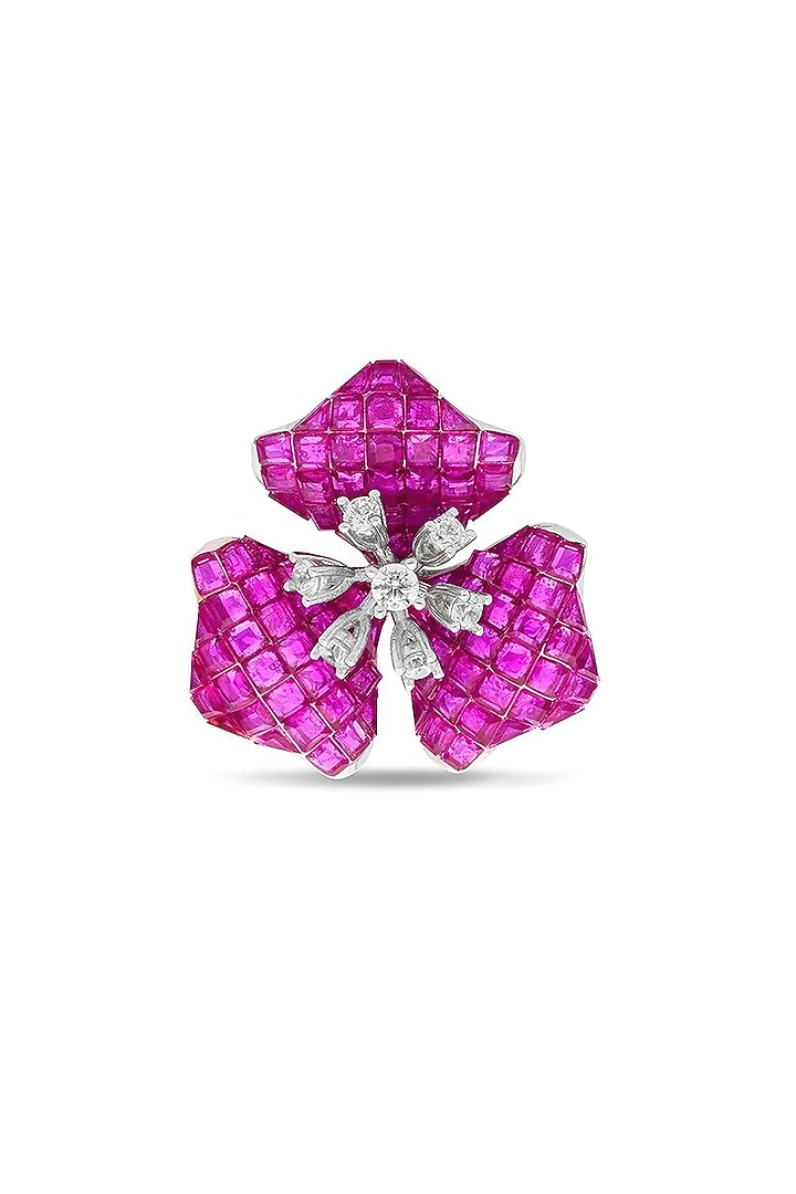 White Rhodium Finish Zircon & Ruby Spinel Stone Blossom Ring In Sterling Silver by MISS JO at Pernia's Pop Up Shop