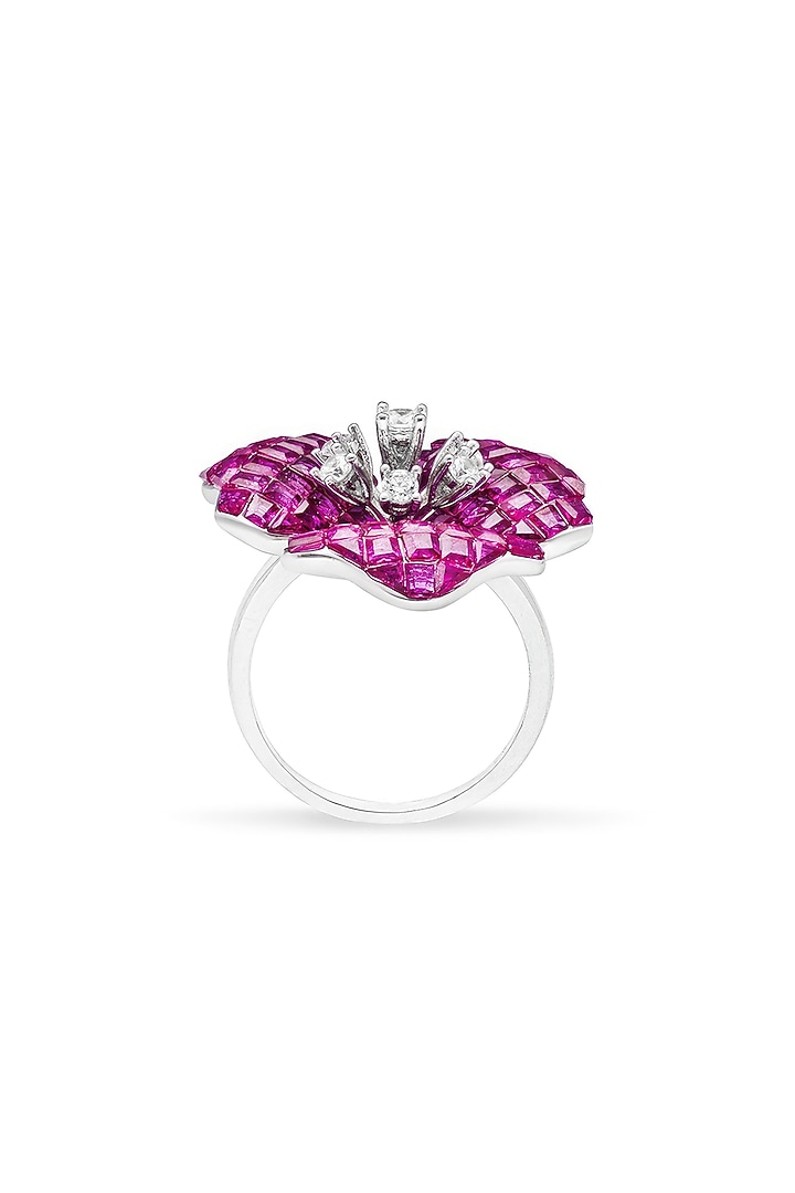 White Rhodium Finish Zircon & Ruby Spinel Stone Blossom Ring In Sterling Silver by MISS JO at Pernia's Pop Up Shop