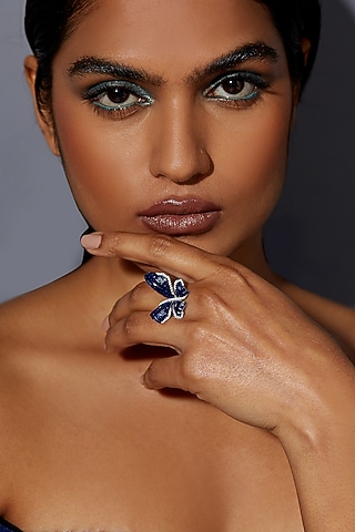 White Rhodium Finish Sapphire Blue Spinel Stone Butterfly Ring In Sterling Silver by MISS JO