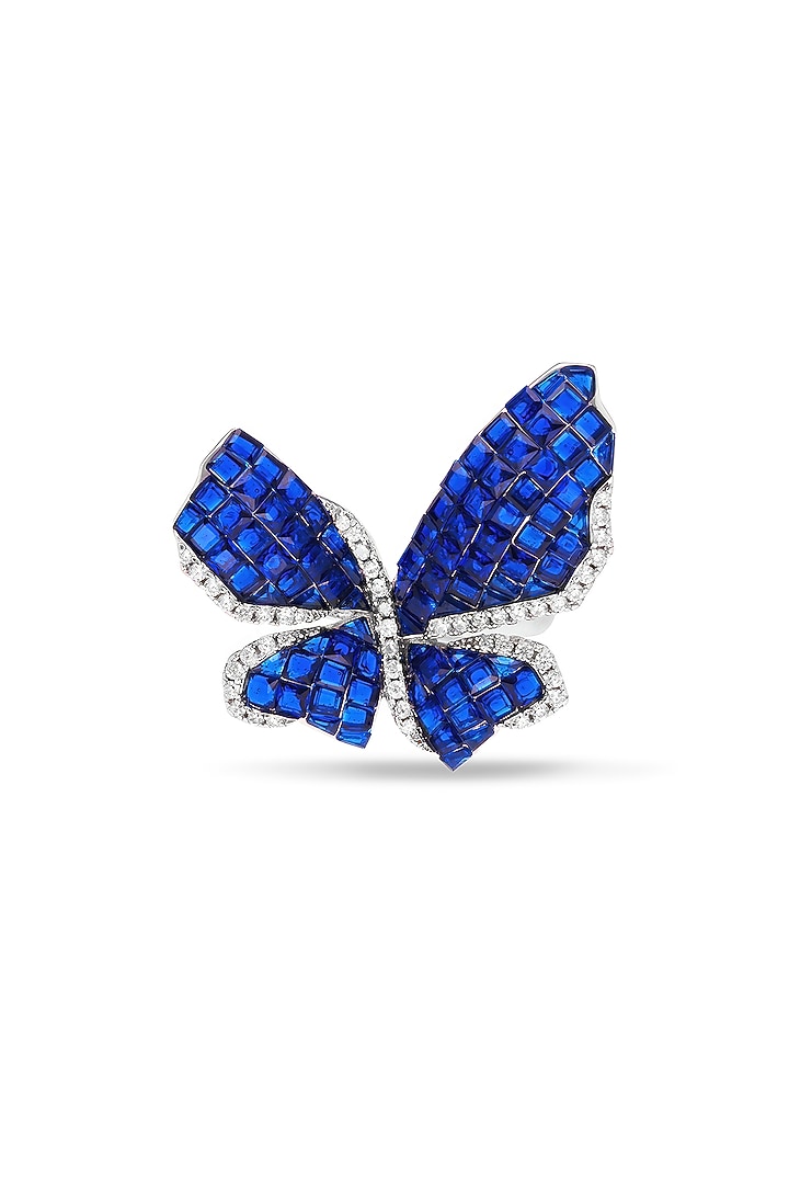 White Rhodium Finish Sapphire Blue Spinel Stone Butterfly Ring In Sterling Silver by MISS JO at Pernia's Pop Up Shop