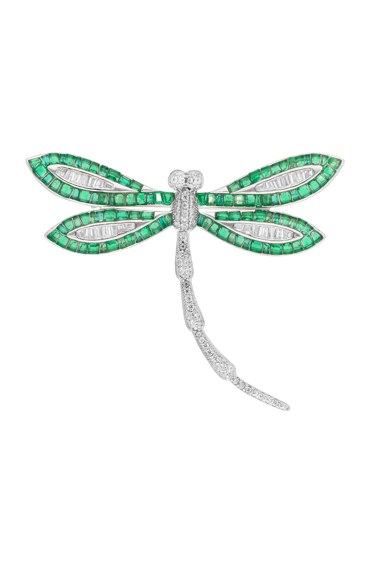 White Rhodium Finish Emerald Green Spinel Stone Dragonfly Brooch In Sterling silver by MISS JO at Pernia's Pop Up Shop