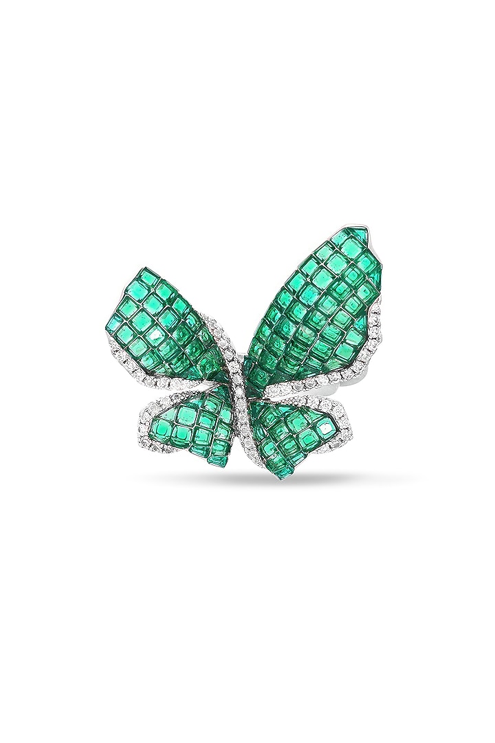 White Rhodium Finish Emerald Green Spinel Stone Butterfly Ring In Sterling Silver by MISS JO at Pernia's Pop Up Shop