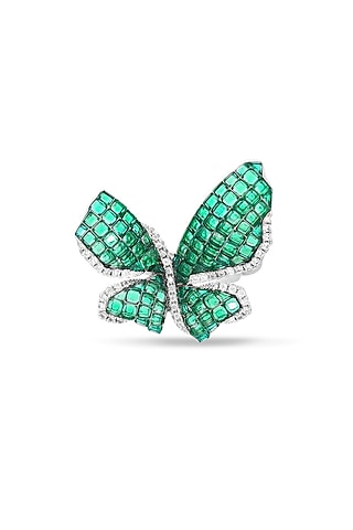 White Rhodium Finish Emerald Green Spinel Stone Butterfly Ring In Sterling Silver by MISS JO