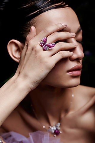 White Rhodium Finish Ruby Spinel Stone Butterfly Ring In Sterling Silver by MISS JO
