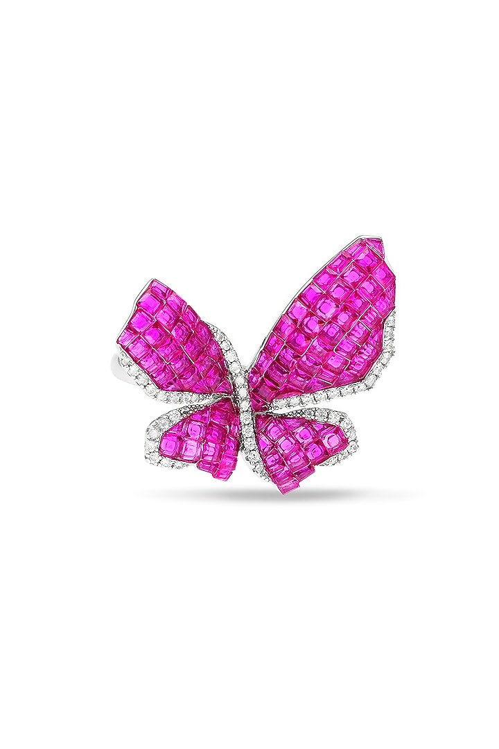 White Rhodium Finish Ruby Spinel Stone Butterfly Ring In Sterling Silver by MISS JO at Pernia's Pop Up Shop
