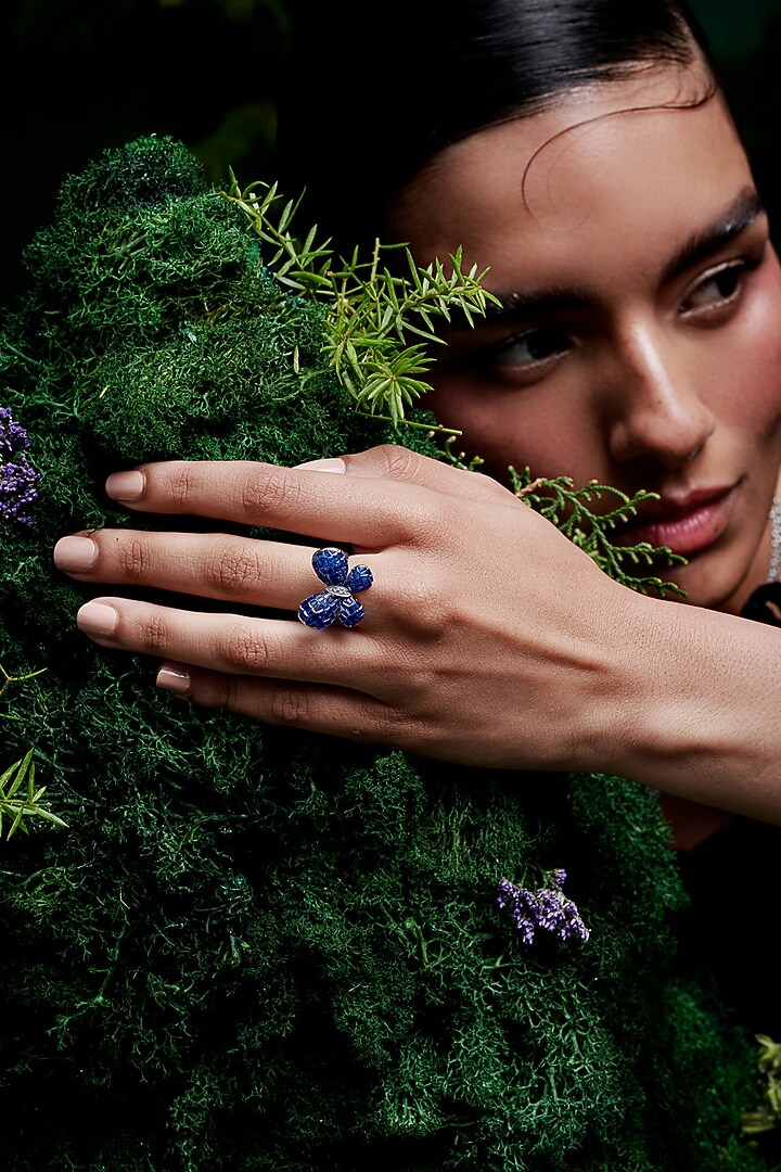 White Rhodium Finish Sapphire Spinel Stone Fluttering Wing Ring In Sterling Silver by MISS JO at Pernia's Pop Up Shop