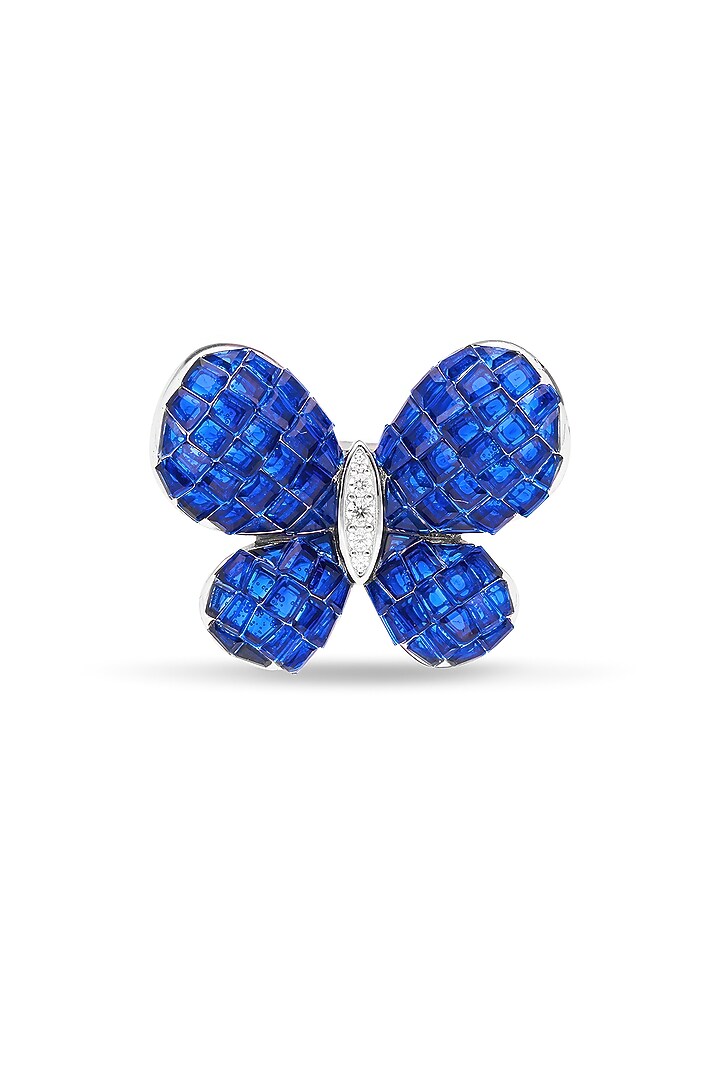 White Rhodium Finish Sapphire Spinel Stone Fluttering Wing Ring In Sterling Silver by MISS JO at Pernia's Pop Up Shop