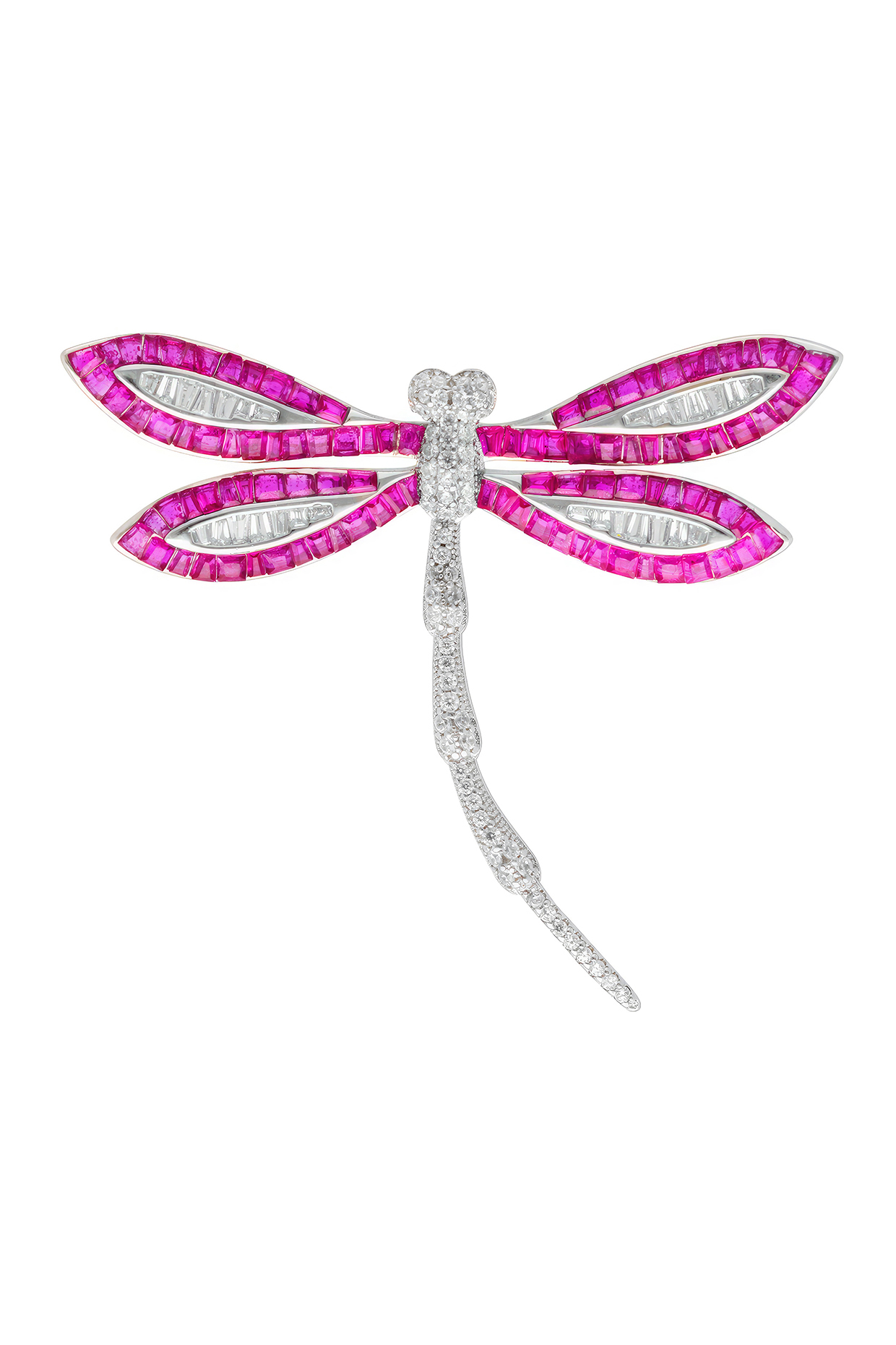 White Rhodium Finish Ruby Spinel Stone Dragonfly Brooch In Sterling silver by MISS JO at Pernia's Pop Up Shop