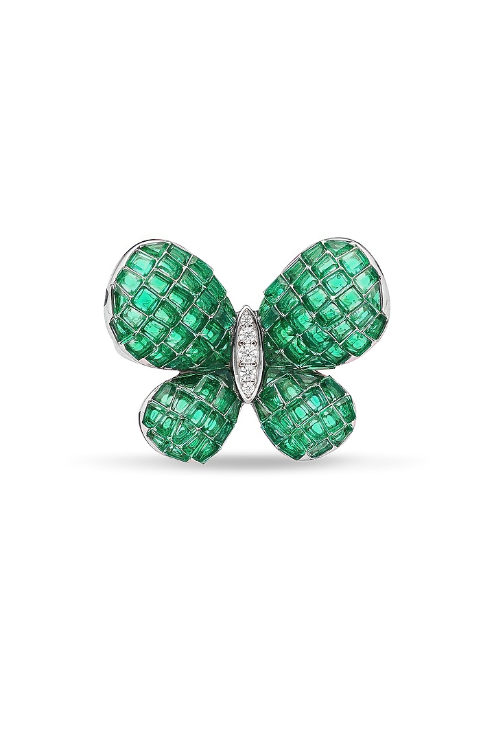 White Rhodium Finish Emerald Spinel Stone Fluttering Wing Ring In Sterling Silver by MISS JO at Pernia's Pop Up Shop