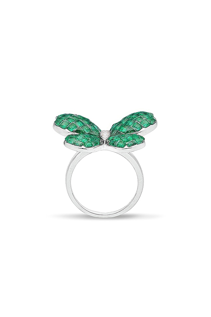 White Rhodium Finish Emerald Spinel Stone Fluttering Wing Ring In Sterling Silver by MISS JO at Pernia's Pop Up Shop
