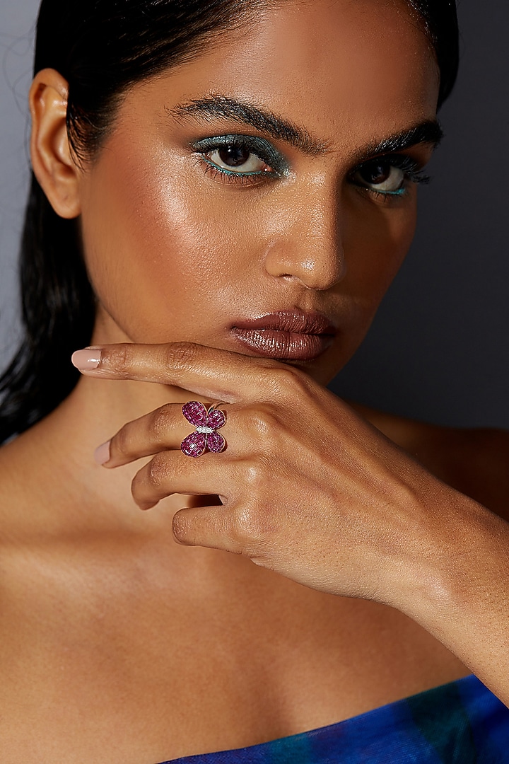 White Rhodium Finish Ruby Spinel Stone Fluttering Wing Ring In Sterling Silver by MISS JO at Pernia's Pop Up Shop