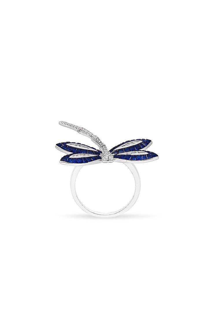 White Rhodium Finish Sapphire Spinel Stone Dragonfly Ring In Sterling Silver by MISS JO at Pernia's Pop Up Shop