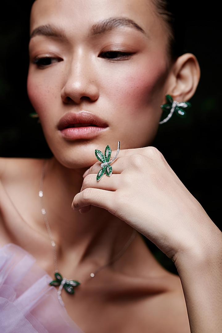 White Rhodium Finish Emerald Spinel Stone Dragonfly Ring In Sterling Silver by MISS JO at Pernia's Pop Up Shop