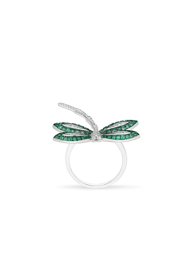 White Rhodium Finish Emerald Spinel Stone Dragonfly Ring In Sterling Silver by MISS JO at Pernia's Pop Up Shop