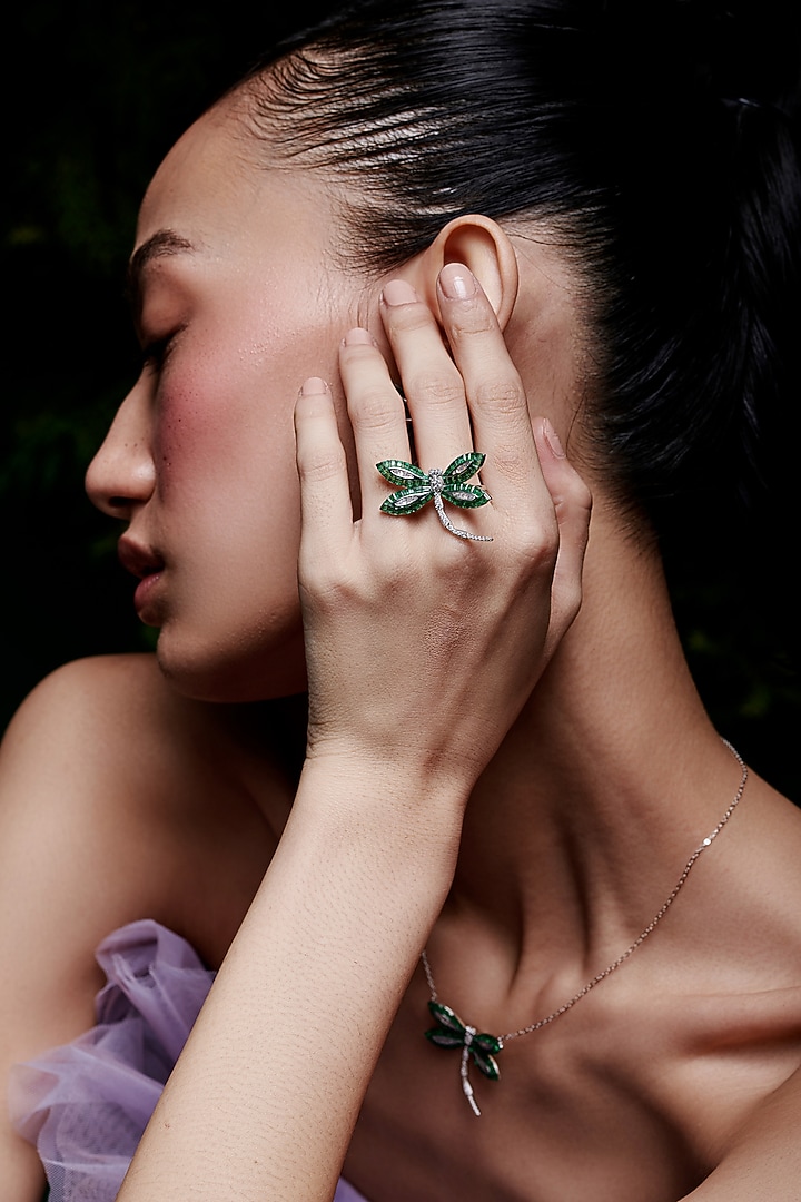 White Rhodium Finish Emerald Spinel Stone Dragonfly Ring In Sterling Silver by MISS JO at Pernia's Pop Up Shop