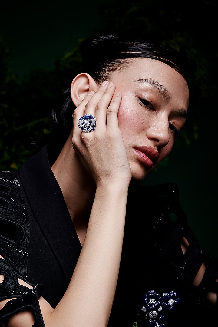 White Rhodium Finish Zircon & Sapphire Spinel Stone Floral Ring In Sterling Silver by MISS JO at Pernia's Pop Up Shop