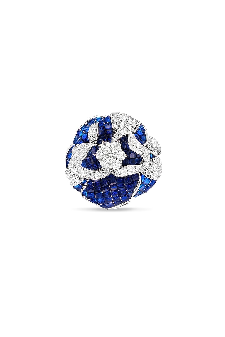 White Rhodium Finish Zircon & Sapphire Spinel Stone Floral Ring In Sterling Silver by MISS JO at Pernia's Pop Up Shop