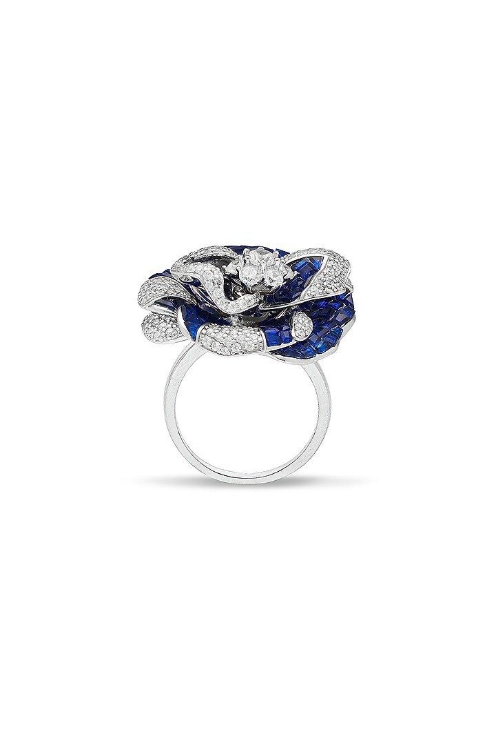White Rhodium Finish Zircon & Sapphire Spinel Stone Floral Ring In Sterling Silver by MISS JO at Pernia's Pop Up Shop