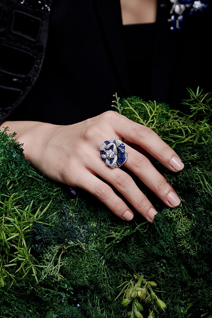 White Rhodium Finish Zircon & Sapphire Spinel Stone Floral Ring In Sterling Silver by MISS JO at Pernia's Pop Up Shop