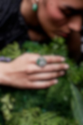 White Rhodium Finish Zircon & Emerald Spinel Stone Floral Ring In Sterling Silver by MISS JO at Pernia's Pop Up Shop