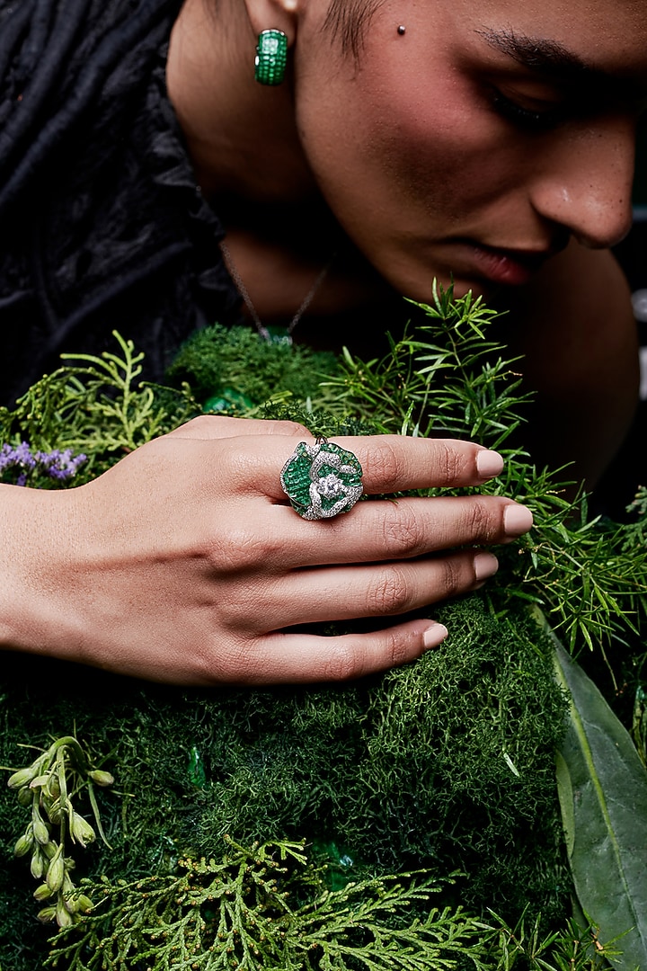 White Rhodium Finish Zircon & Emerald Spinel Stone Floral Ring In Sterling Silver by MISS JO at Pernia's Pop Up Shop