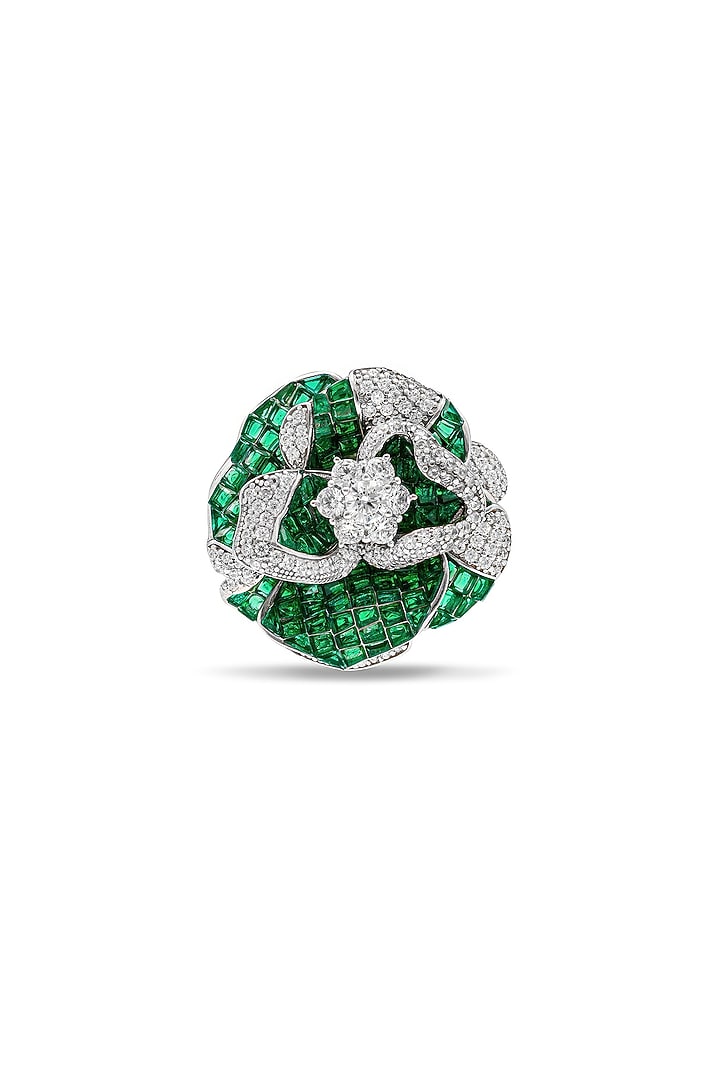 White Rhodium Finish Zircon & Emerald Spinel Stone Floral Ring In Sterling Silver by MISS JO at Pernia's Pop Up Shop