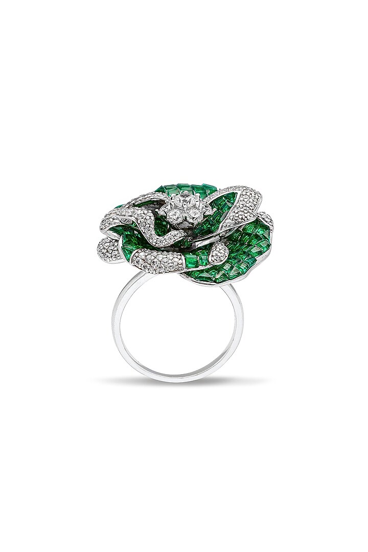 White Rhodium Finish Zircon & Emerald Spinel Stone Floral Ring In Sterling Silver by MISS JO at Pernia's Pop Up Shop