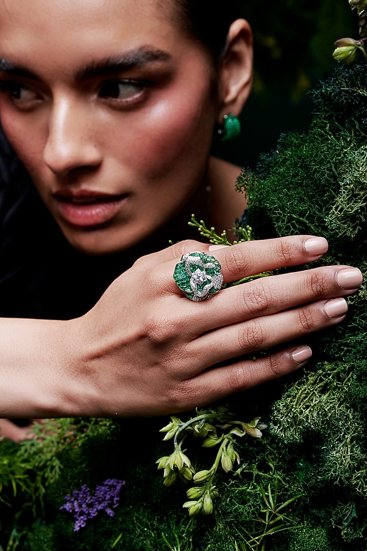 White Rhodium Finish Zircon & Emerald Spinel Stone Floral Ring In Sterling Silver by MISS JO at Pernia's Pop Up Shop