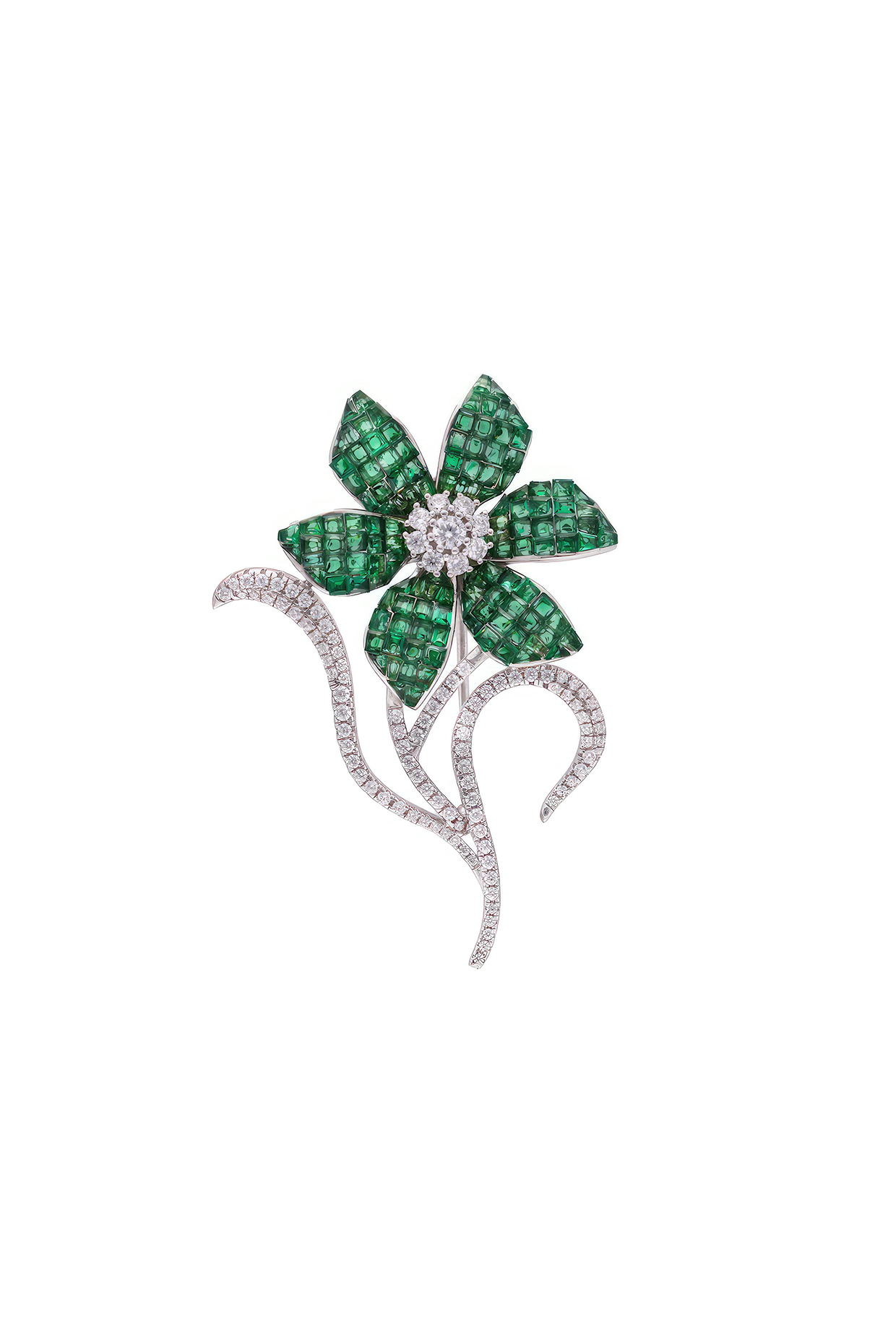 White Rhodium Finish Emerald Green Spinel Stone Celestial Petal Brooch In Sterling silver by MISS JO at Pernia's Pop Up Shop
