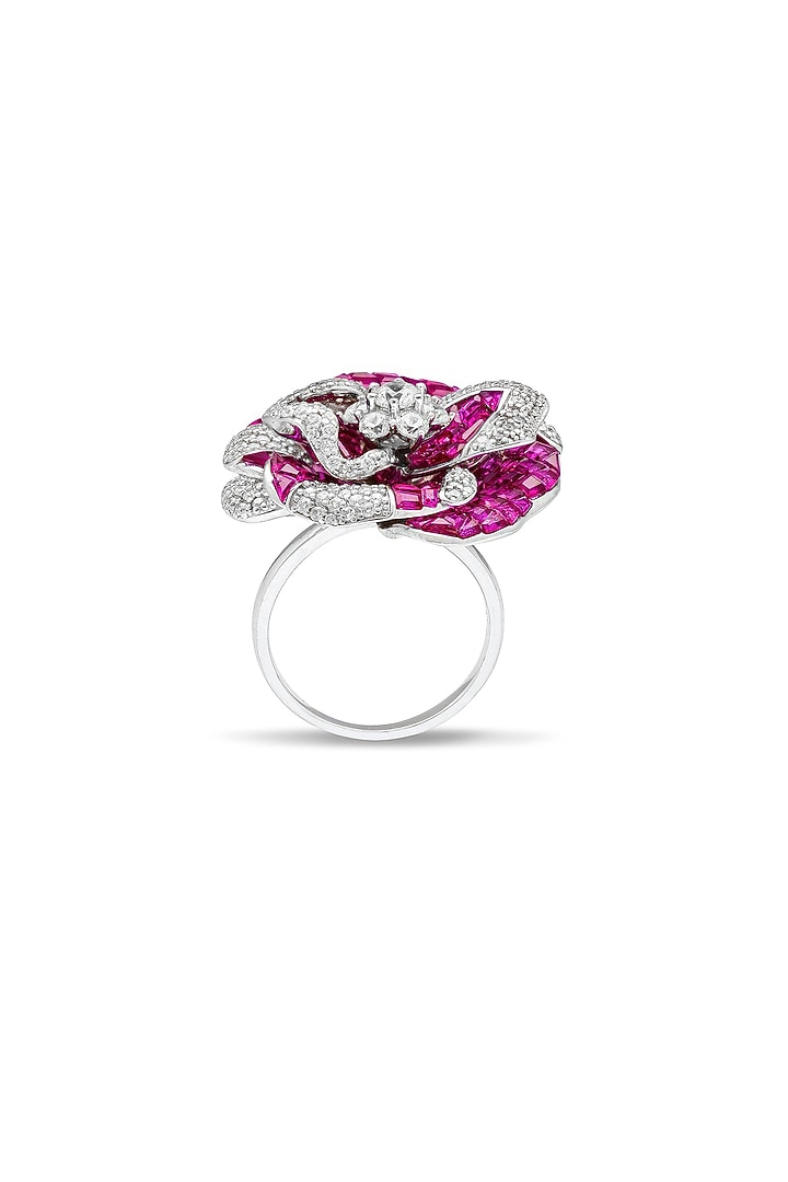 White Rhodium Finish Zircon & Ruby Stone Floral Ring In Sterling Silver by MISS JO at Pernia's Pop Up Shop