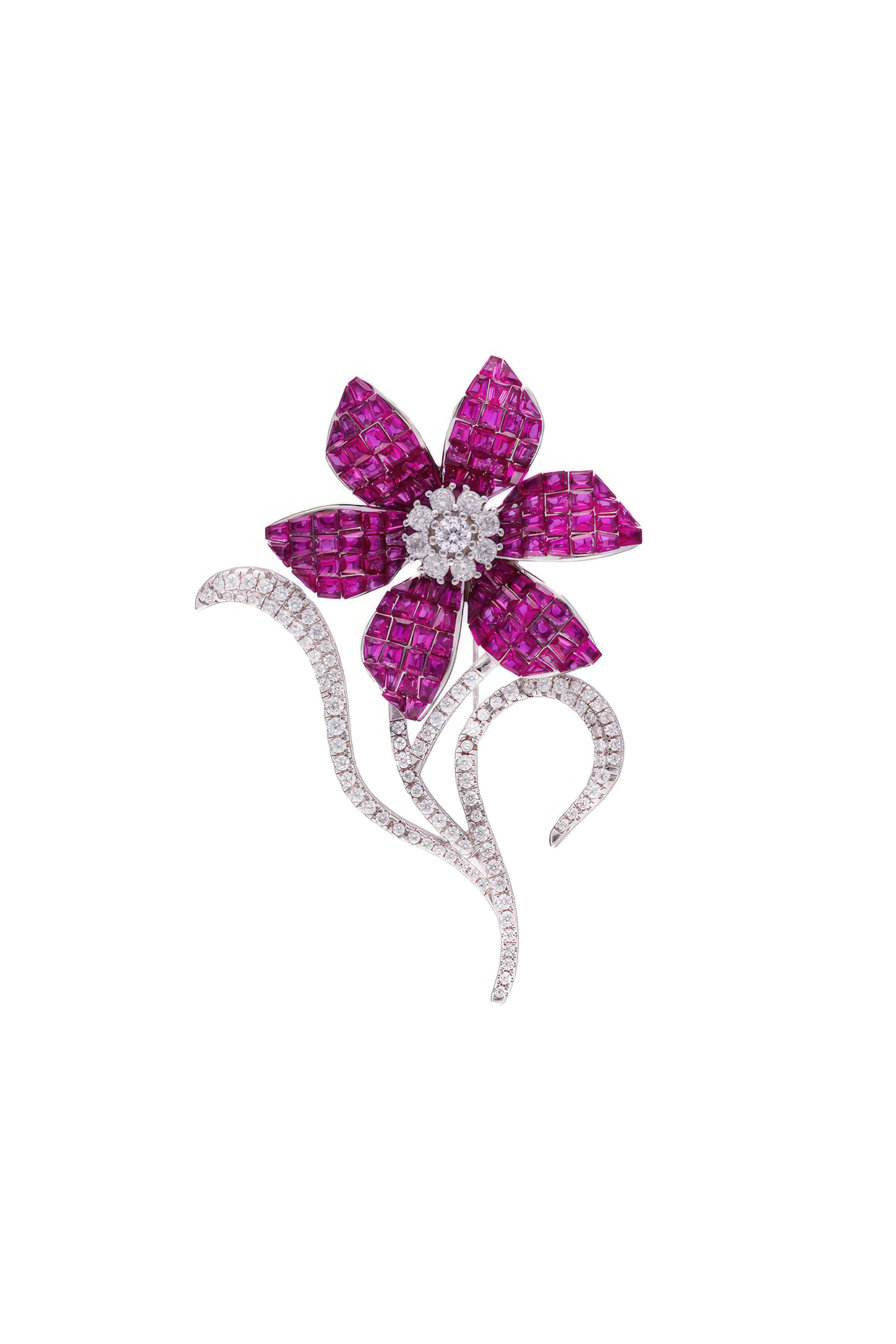 White Rhodium Finish Ruby Spinel Stone Celestial Petal Brooch In Sterling silver by MISS JO at Pernia's Pop Up Shop