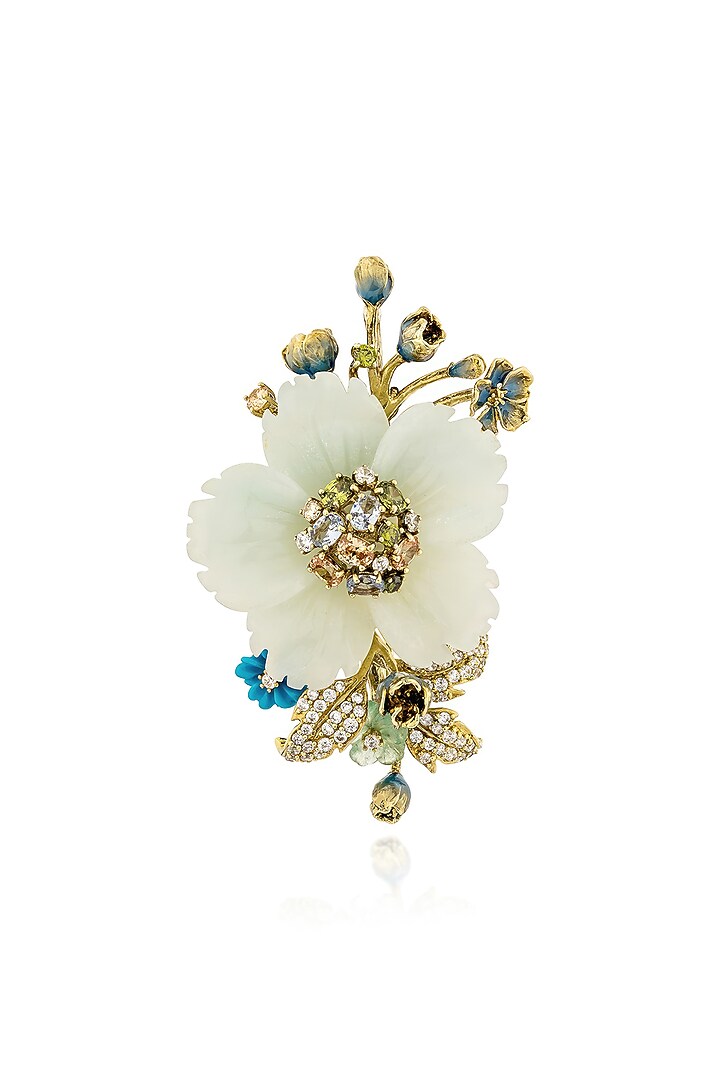 Gold Finish Cubic Zirconia & Blue Onyx Brooch In Sterling Silver by MISS JO at Pernia's Pop Up Shop