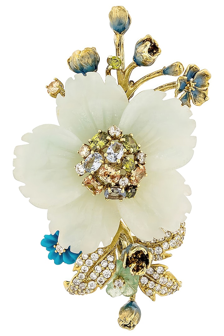 Gold Finish Cubic Zirconia & Blue Onyx Brooch In Sterling Silver by MISS JO at Pernia's Pop Up Shop