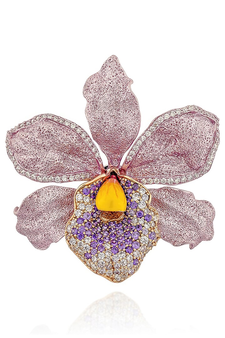 White Rhodium Finish Purple Cubic Zirconia Floral Brooch In Sterling Silver by MISS JO at Pernia's Pop Up Shop