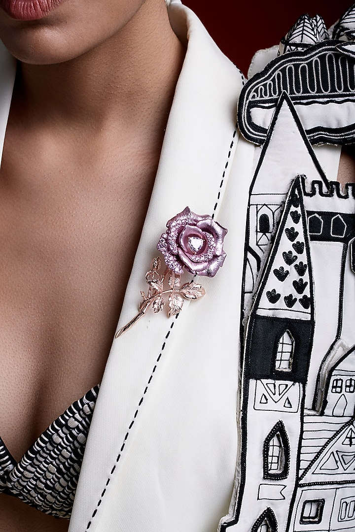 Rose Gold Finish Pink Cubic Zirconia Floral Brooch In Sterling Silver by MISS JO at Pernia's Pop Up Shop